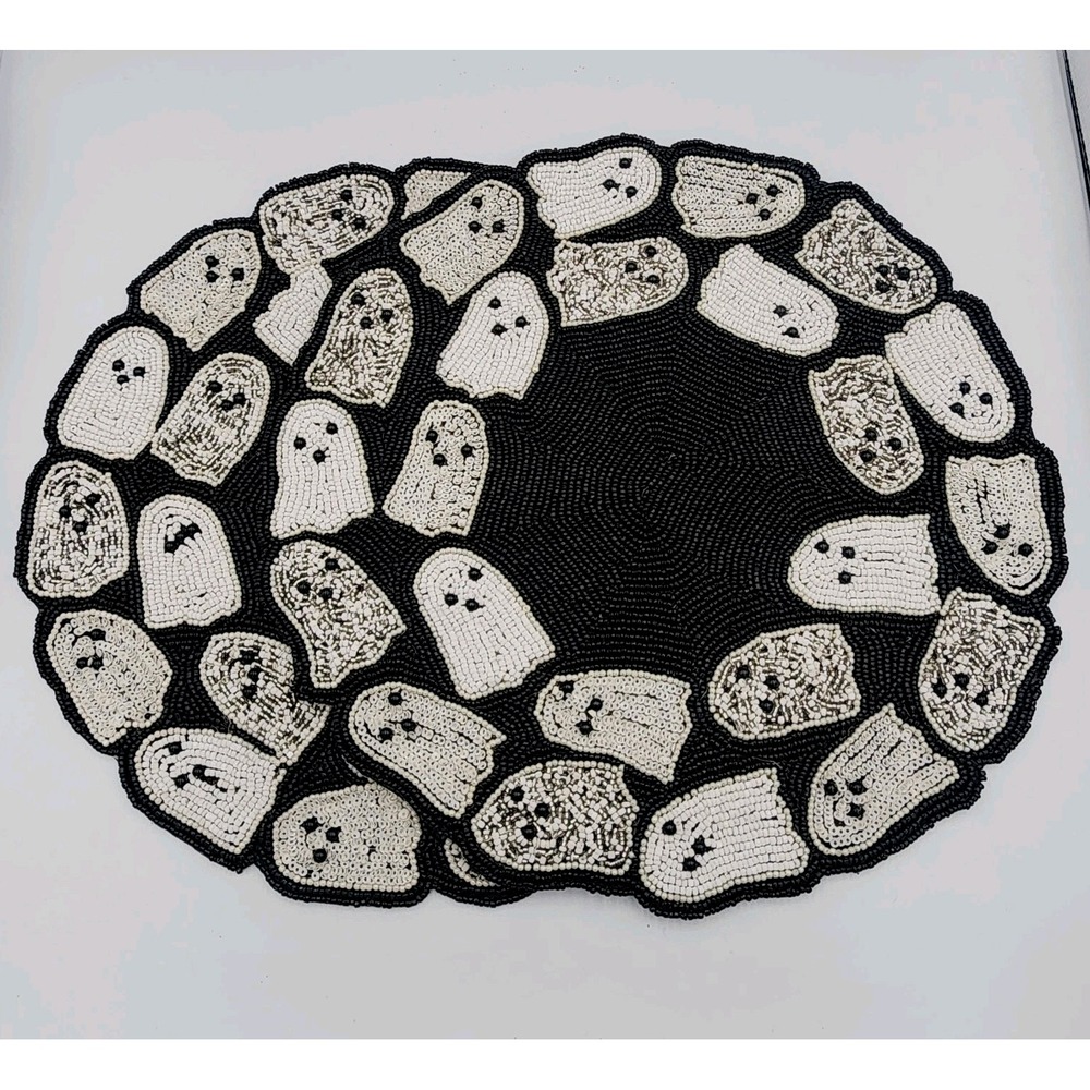 Rachel Zoe Beaded Ghosts Charger Placemats 15" Set of 2 Black White Silver NEW